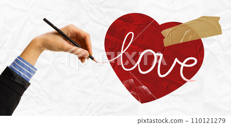 Poster. Contemporary art collage. Woman's hand beautifully writes word love on red heart against white background. Old paper filter. 110121279