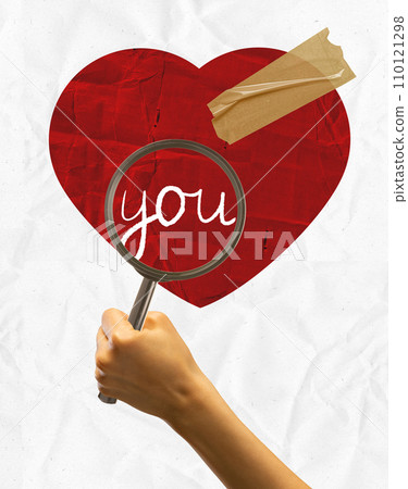 Poster. Contemporary art collage. Hand holding magnifying glass over heart and looking for word you written on it. Old paper filter. Poster. Contemporary art collage. Hand holding magnifying glass over heart and looking for word you written on it. Old paper filter. 110121298