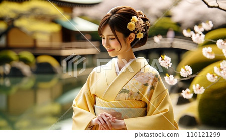 穿著和服在日本花園散步的女人 穿著和服在日本花園散步的女人 110121299