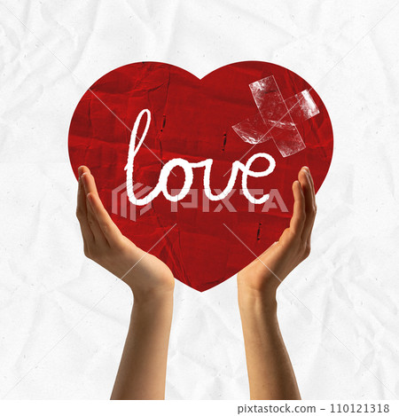 Poster. Be my Valentine. Contemporary art collage. Two hands gently holding red heart with white inscription love on it in old paper filter. 110121318