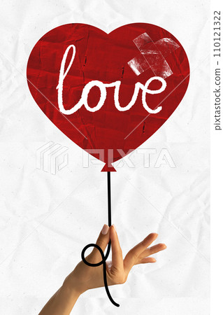 Poster. Contemporary art collage. Hand holding red heart-shaped balloon with word love written on it against white background. Old paper filter. 110121322