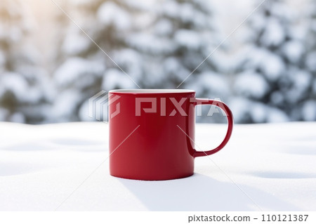 White cup mockup with hot chocolate or coffee at ski resort winter or Christmas. Mug mock up 110121387