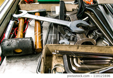 Wooden tool box of hand tools with old and dirty, rusty wrenches, ring spanners, pliers, screwdrivers Wooden tool box of hand tools with old and dirty, rusty wrenches, ring spanners, pliers, screwdrivers 110121696