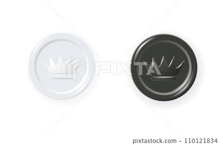 Black and white checkers chips. 3d realistic round badge with circle convex lines on surface and shadow to play on checkerboard. Vector 110121834