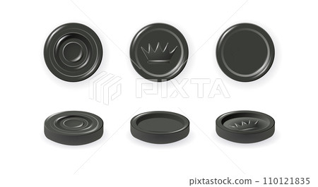 Black checkers chips. 3d realistic round badge with circle convex lines on surface and shadow to play on checkerboard. Vector 110121835