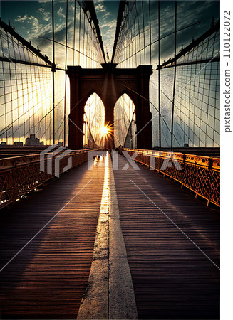 Sunrise over the Brooklyn Bridge in New York,... - Stock Illustration ...
