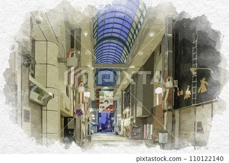 Watercolor style Fukui city JR Fukui station west exit Galleria Motomachi shopping street Fukui city, Fukui prefecture 110122140