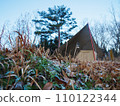 Frozen plants, tarps, bonfire tents and lanterns in the morning at a winter campsite 110122344