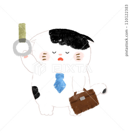 Hand-drawn illustration of an office worker cat commuting by train while sleeping 110122383