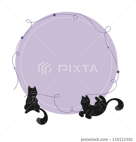 Circle template decorated with black hand drawn cat silhouettes drawn in boho style. Circle with blank space decorated black cats with white ornament. Vector illustration 110122392