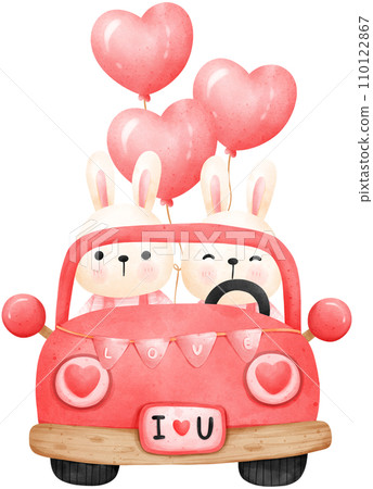 Cute couple rabbit in a car watercolor illustration, valentine's day Cute couple rabbit in a car watercolor illustration, valentine's day 110122867