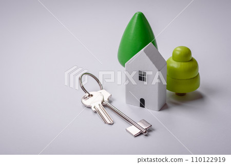 A small wooden house and keys as an idea for investing in your own home 110122919