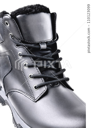 Winter male black leather boot on a white background, hiking shoes, practical off-road shoes, close-up details of the model 110123099