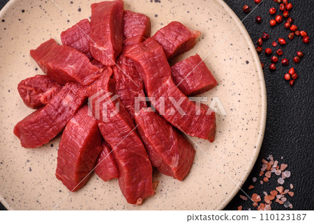 Juicy fresh raw beef meat with salt, spices and herbs Juicy fresh raw beef meat with salt, spices and herbs 110123187