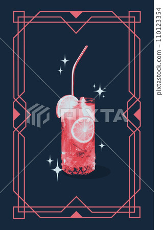 Poster. Contemporary art collage. Creative retro artwork. Refreshing mojito with ice and straw in retro color filter against dark background in frame. Poster. Contemporary art collage. Creative retro artwork. Refreshing mojito with ice and straw in retro color filter against dark background in frame. 110123354