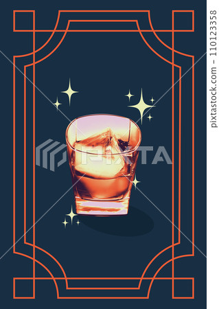 Poster. Contemporary art collage. Creative retro artwork. Strong alcoholic drink with ice in glass in retro color filter against dark blue background. Poster. Contemporary art collage. Creative retro artwork. Strong alcoholic drink with ice in glass in retro color filter against dark blue background. 110123358