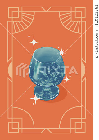 Poster. Contemporary art collage. Creative retro artwork. Hard alcohol in glass in retro color filter against orange background. Poster. Contemporary art collage. Creative retro artwork. Hard alcohol in glass in retro color filter against orange background. 110123361