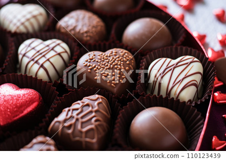 AI-generated content. Chocolates candy for Valentines Day. Delicious traditional sweet gift. Close up 110123439