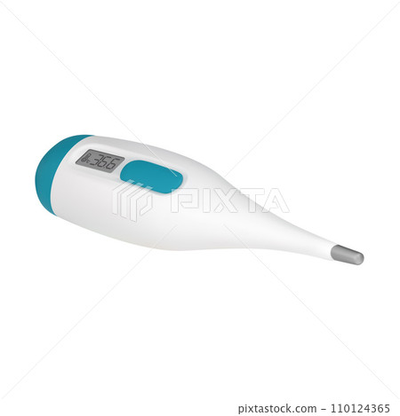 3D vector thermometer with 36.6 on a display. Electronic device for measuring body temperature. Medical equipment. 3D render. Cartoon vector illustration isolated on a white background 110124365