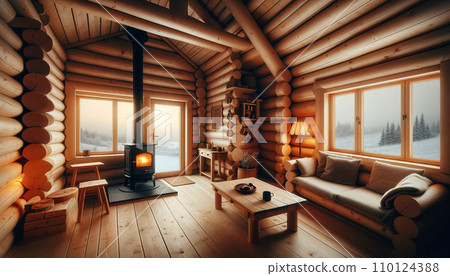 Room with wood stove interior log house Room with wood stove interior log house 110124388