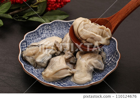 Raw shucked oysters on a plate 110124676
