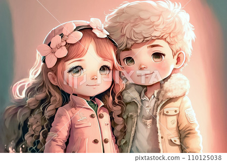 Portrait of kids, boy and girl, anime characters, watercolor painting, wall art 110125038