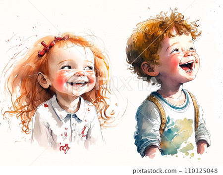 Watercolor painting of happy laughing little kids, boy and girl, isolated on white 110125048