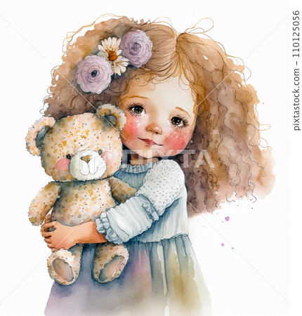 Little girl hugging a teddy bear, nursery art, printable watercolor painting 110125056
