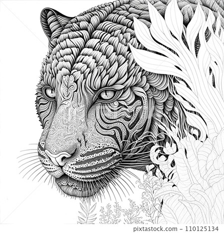 Graphic portrait of panther. Sketch of ornate puma 110125134