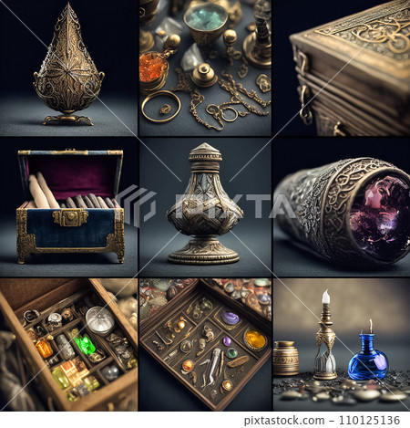 Witchcraft items, magical items, close-up, isolated on black 110125136