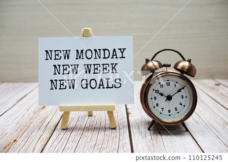 New Monday New Week New Goals word with alarm clock on wooden background New Monday New Week New Goals word with alarm clock on wooden background 110125245