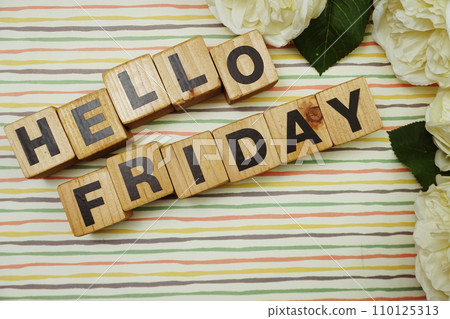 Hello Friday alphabet letters on colorful stripes background Hello Friday alphabet letters on colorful stripes background 110125313