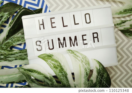 Hello Summer word in lightbox with Monstera Leaves decoration 110125348