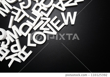 Top view random wooden alphabet letters on black background 110125392