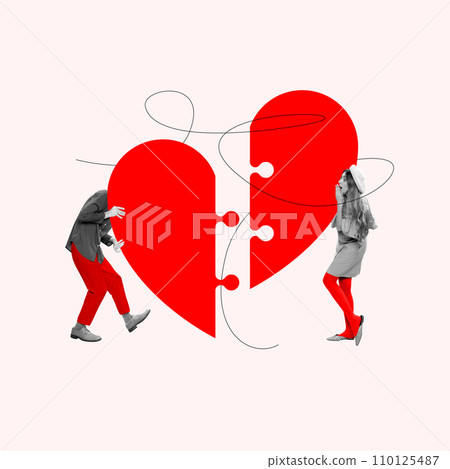 Love connect. Young pretty girl find puzzle for half of her heart. Creative art collage. Destiny meeting. Valentine's day 110125487