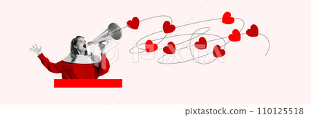 Young woman shouting in megaphone with flying hearts around. Love. Creative art collage. Valentine's day Young woman shouting in megaphone with flying hearts around. Love. Creative art collage. Valentine's day 110125518