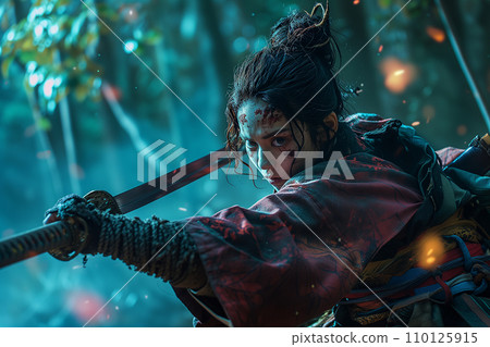 森林中戰鬥的女戰士AI影像 森林中戰鬥的女戰士AI影像 110125915