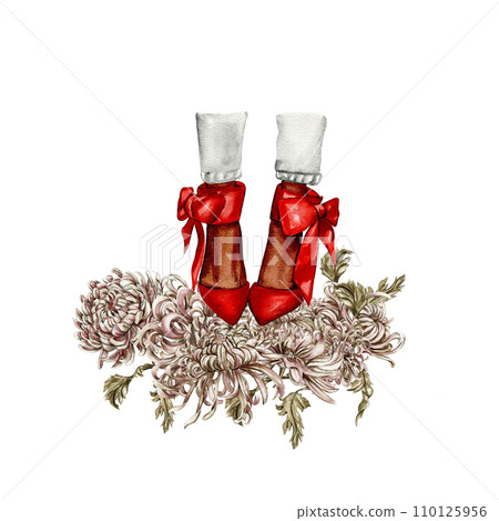 Watercolor fashion legs on high heels illustration. Fashion and style, clothing and accessories. Footwear. Perfect for greetings cards, invitation, poster, party decoration. Watercolor fashion legs on high heels illustration. Fashion and style, clothing and accessories. Footwear. Perfect for greetings cards, invitation, poster, party decoration. 110125956