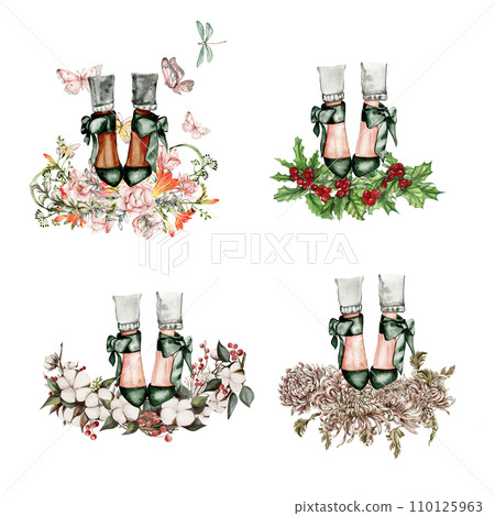 Watercolor fashion legs on high heels illustration. Fashion and style, clothing and accessories. Footwear. Perfect for greetings cards, invitation, poster, party decoration. 110125963