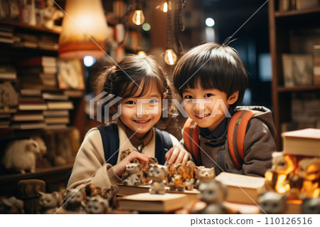 Two happy children sitting in a bookstore or library. Back to school concept. Generative Ai. 110126516