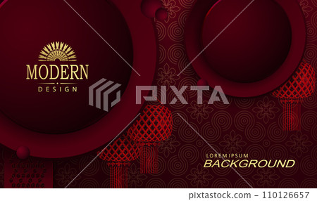Chinese New Year, red illustration with round frame and red lanterns 110126657