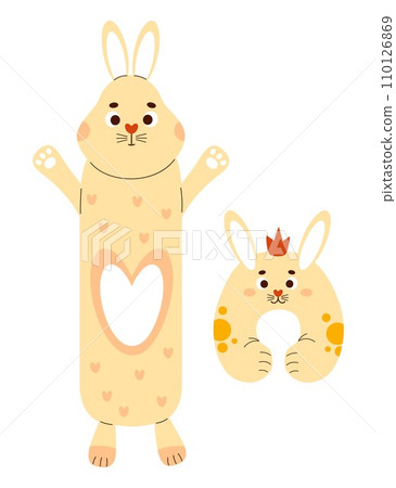 Large rabbit plush toy and neck pillow bunny. Soft large anti-stress cuddly oversized pillow toy for sleeping and playing. Isolated vector illustrations in flat style. 110126869