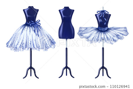 A set of blue dresses for ballerinas and princesses. A costume outfit worn on mannequin. A theatrical backstage, atelier, clothing store, outfit for fashion show and masquerade. Digital illustration A set of blue dresses for ballerinas and princesses. A costume outfit worn on mannequin. A theatrical backstage, atelier, clothing store, outfit for fashion show and masquerade. Digital illustration 110126941