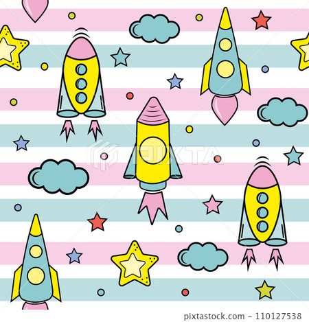 Space elements seamless pattern. Space background. Space doodle illustration. Vector illustration. Seamless pattern with cartoon space rockets, planets and stars. 110127538