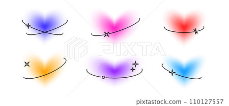 Y2k hearts with eclipse line elements set. Colorful blurry aura shape collection. Blurred smooth gradient with oval orbits for logo, template, badge, sticker, collage, icon. Vector sparkle heart pack Y2k hearts with eclipse line elements set. Colorful blurry aura shape collection. Blurred smooth gradient with oval orbits for logo, template, badge, sticker, collage, icon. Vector sparkle heart pack 110127557