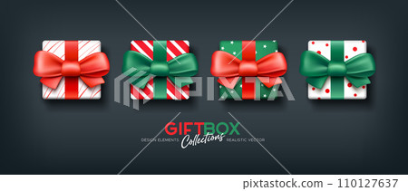Gifts box Red and Green bow and ribbon realistic collections. top view design on black background 110127637