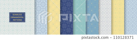 Collection of seamless vector ornamental patterns. Tile color geometric oriental backgrounds, symmetric textures. Vintage elegant design. Endless textile prints 110128371