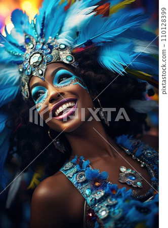 AI-generated content. Happy, smiling young African woman with bright feather headwear, bright makeup on celebration, carnival 110128399