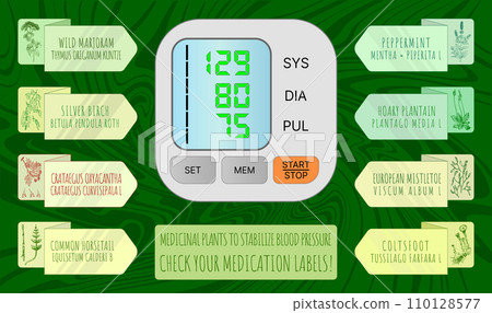 Set of vector Hand drawn illustrations. TOP MEDICINAL HERBS FOR NORMALIZING BLOOD PRESSURE 110128577