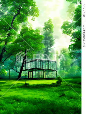 Illustration of a glass house in a fresh green forest 110128609